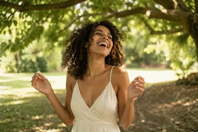 Laughing Woman Beneath Sunlit Park Tree