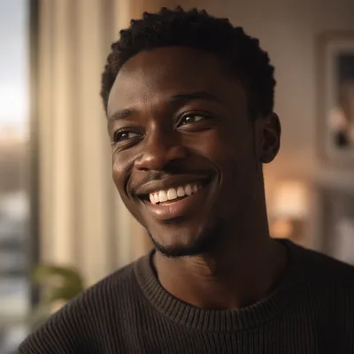 Joyful Young Man Smiling by Window