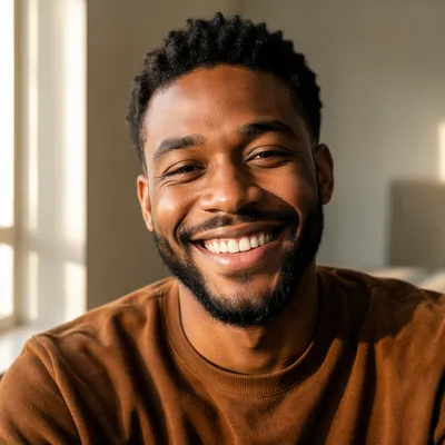 Joyful Young Man Smiling in Window Light