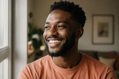 Joyful Young Man Smiling by Window