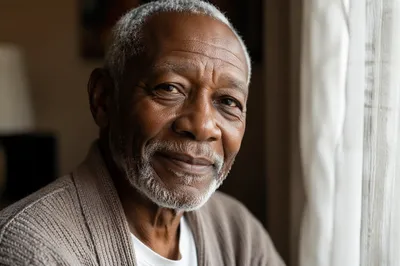 Elderly Man Smiling by Window Light