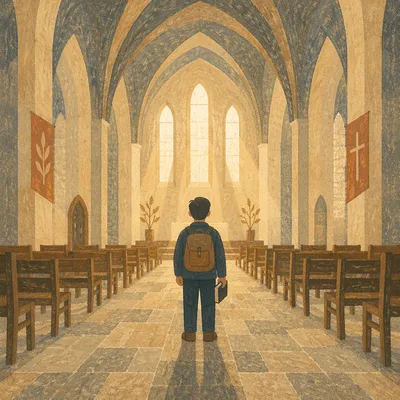 Lonely Figure Holding Bible in Chapel