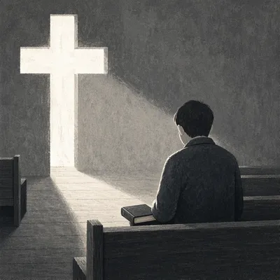 Lonely Figure in Chapel with Hope