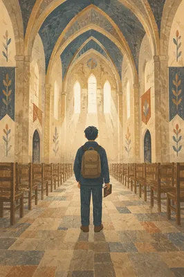 Lonely Figure Holding Bible in Chapel
