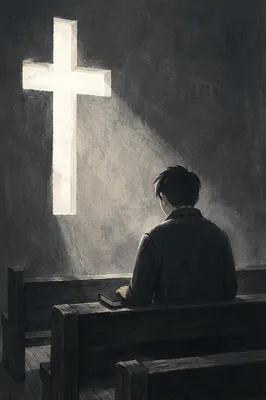 Lonely Figure in Chapel with Hope