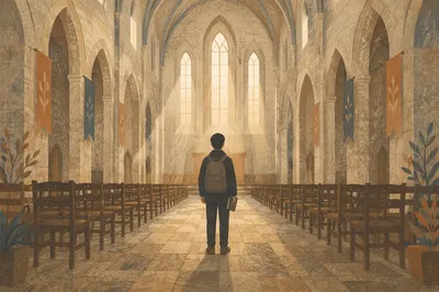 Lonely Figure Holding Bible in Chapel