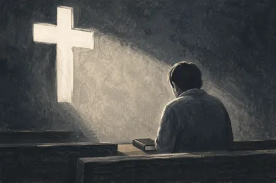 Lonely Figure in Chapel with Hope