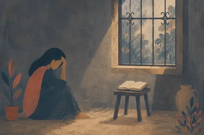 Lonely Figure with Bible by Window