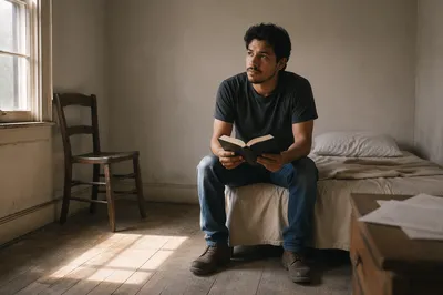 Young Man Sitting Alone with Bible