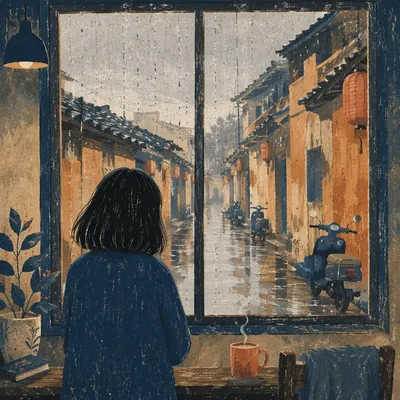 Lonely Figure Watching Rain Through Window