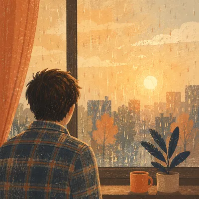 Lonely Figure Watching Rainy Window Glow