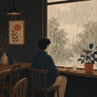 Lonely Figure by Rainy Cafe Window