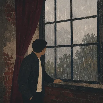 Lonely Figure at Rainy Loft Window