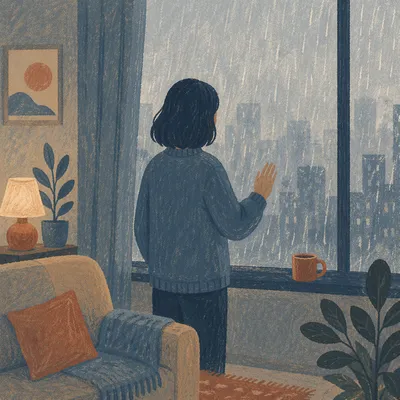 Lonely Figure by Rainy Apartment Window