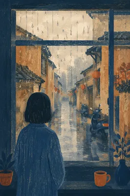 Lonely Figure at Rainy Window