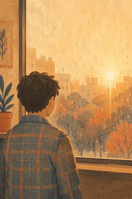 Lonely Figure by Rainy Window at Sunset