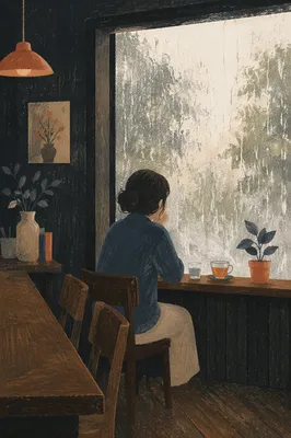 Solitary Reflection by a Rainy Cafe Window
