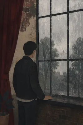 Lonely Figure by Rainy Loft Window