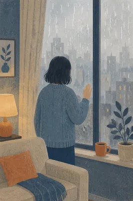 Lonely Figure by Rainy Apartment Window