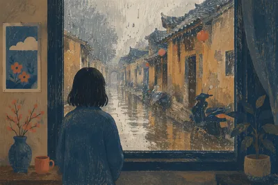 Lonely Figure at Rainy Window