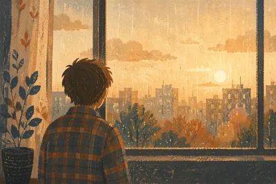 Lonely Figure by Rainy Window at Sunset
