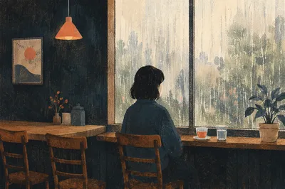 Solitary Reflection by Rainy Cafe Window