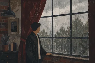 Lonely Figure by Rainy Loft Window