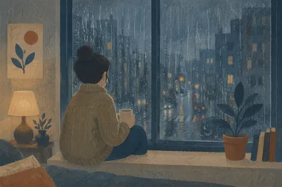 Solitary Reflection by Rainy Apartment Window