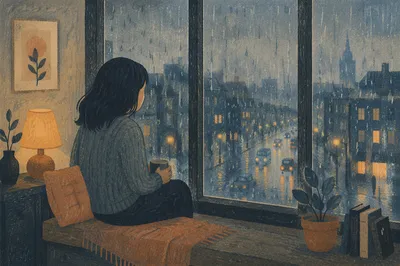 Lonely Figure by Rainy Apartment Window