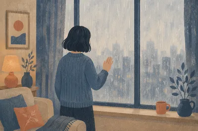 Lonely Figure at Rainy City Window