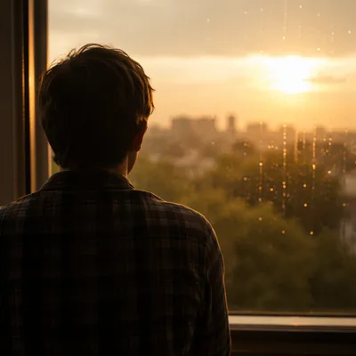 Lonely Figure Watching Rainy Window Light