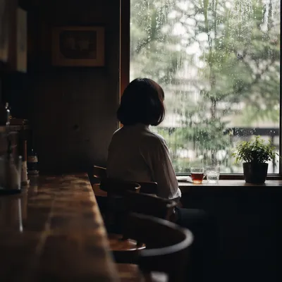 Solitary Reflection by Rainy Cafe Window