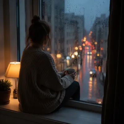 Lonely Person by Rainy Window at Dusk