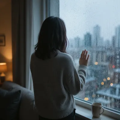Lonely Figure by Rainy City Window