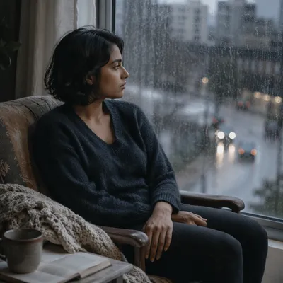 Lonely Woman by Rainy Apartment Window