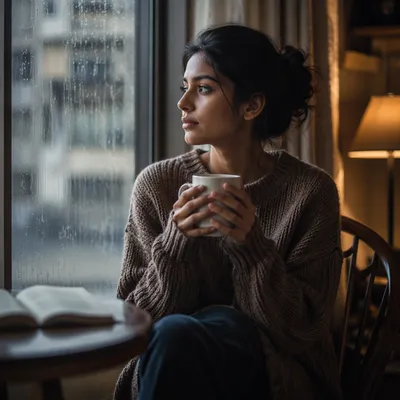Lonely Woman by Rainy Apartment Window
