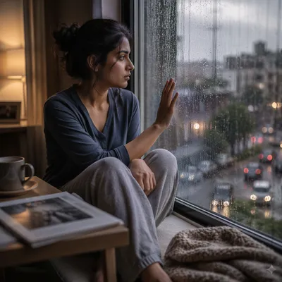 Young Woman by Rainy Apartment Window