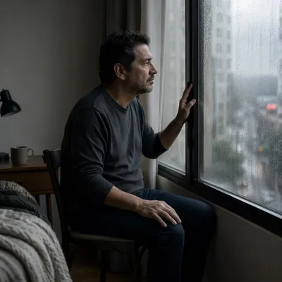 Solitary Man by Rainy Apartment Window