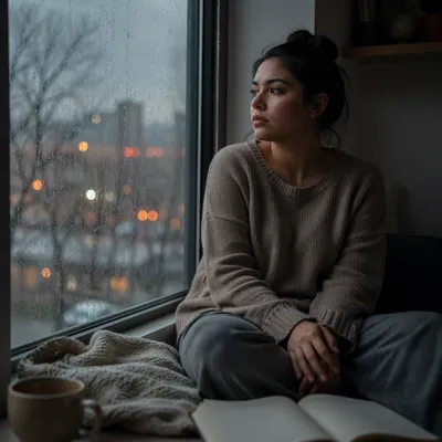Lonely Woman by Rainy Apartment Window