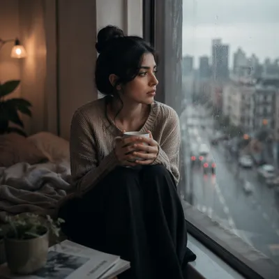 Woman Sitting by Rainy Apartment Window