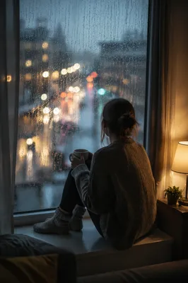 Lonely Figure Watching Rainy City Window