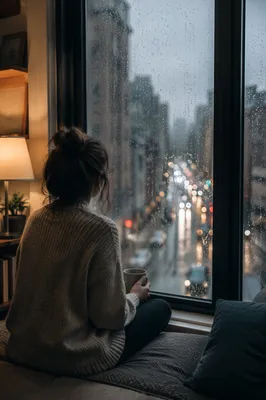 Lonely Figure Watching Rainy City Window