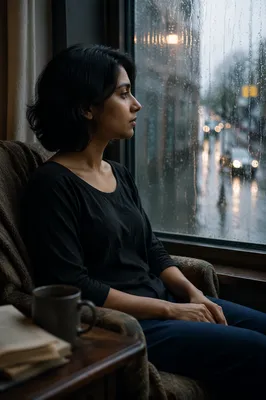 Young Woman by Rainy Apartment Window