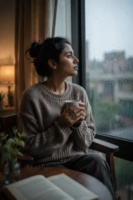 Young Woman by Rainy Apartment Window