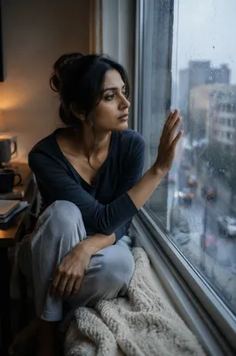 Young Woman by Rainy Window