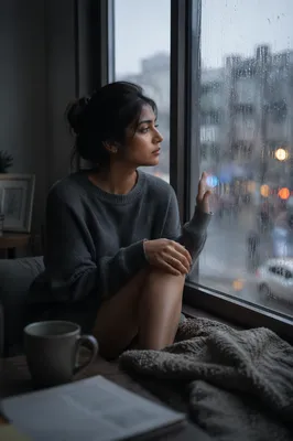 Young Woman by Rainy Apartment Window