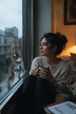 Young Woman by Rainy Apartment Window