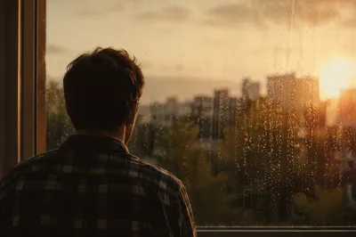 Lonely Figure by Rainy Apartment Window