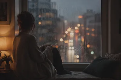 Lonely Person by Rainy Apartment Window