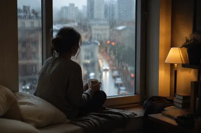 Lonely Person by Rainy Apartment Window